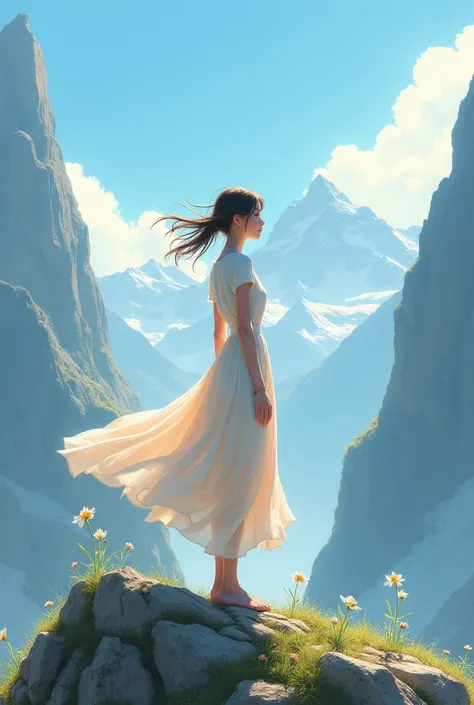 A girl wearing a dress and standing on a mountain