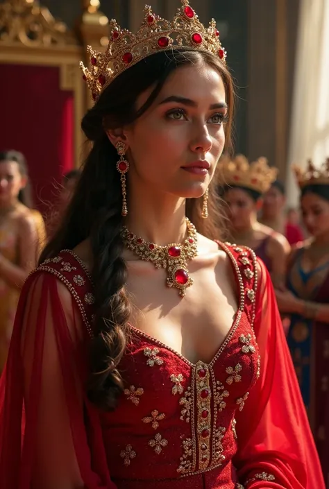 A young queen richly adorned with ruby ostensible jewelry, dressed in transparent red garments and silk, brunette, very long hair semi braided, green eyes is being coronated in a throne room filled with the court guests, wearing a massive crown encrusted w...