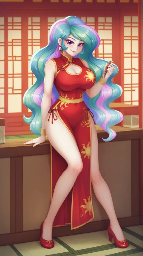 safe_pos, score_9, score_8_up, score_7_up BREAK , principal celestia, human, equestria girls, g4, BREAK large breasts, BREAK looking at you, cheongsam, inside of a chinese temple, full body view