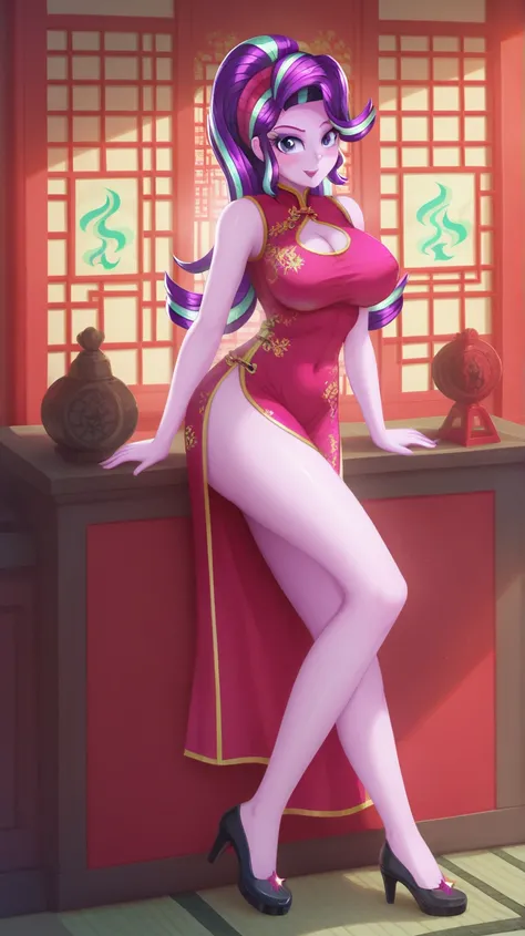 safe_pos, score_9, score_8_up, score_7_up BREAK , starlight glimmer, human, equestria girls, g4, BREAK large breasts, BREAK looking at you, cheongsam, inside of a chinese temple, full body view