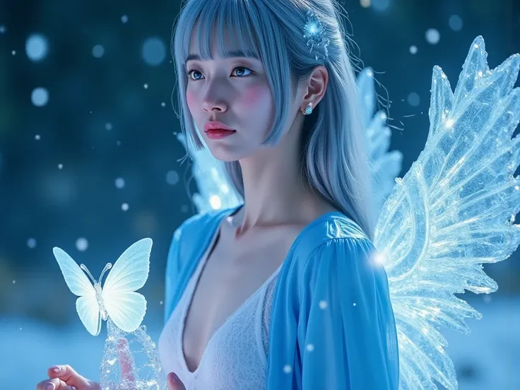 imperial water，A magician，glowing silver hair ,blue eyes,wearing shining loose dress,wearing Blue Silk Robe，Mysterious magical formations， blue glitter，huge magical ice wings.Powerful glowing brightly Ice butterflies  Magic on her hand，powerful ice aura co...