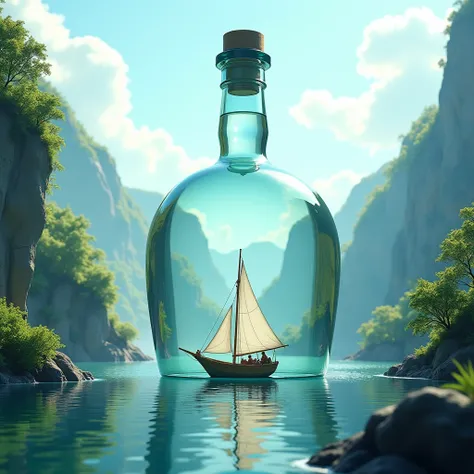 A sailing boat in the middle of a bay tucked inside a gigantic glass bottle