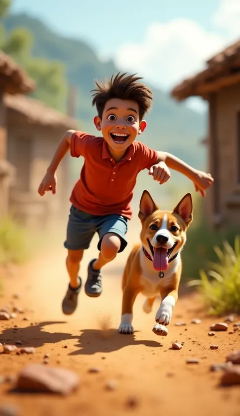 "A highly detailed and realistic image of a playful village  sprinting at full speed alongside a dog. The  has a joyful expression, radiating energy and excitement, while the dog, with its tongue hanging out and big round eyes, looks both playful and deter...