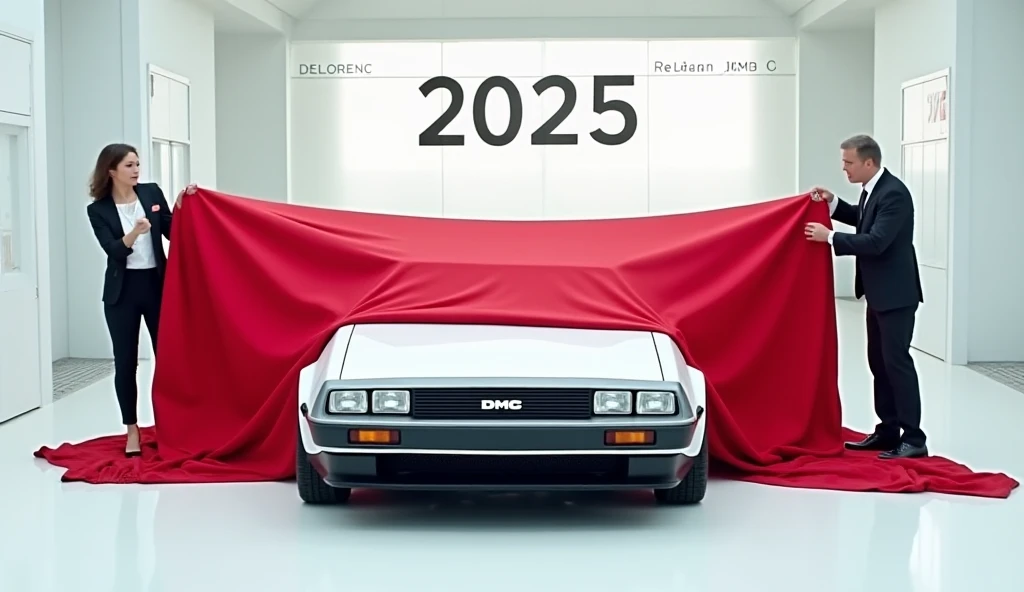 A futuristic (DeLorean DMC) is being revealed in a modern and luxurious showroom. The car is a vibrant (white) accents, highlighting its bold and aggressive design. Two people, a man and a woman dressed in formal attire, are removing a large (red) cloth fr...