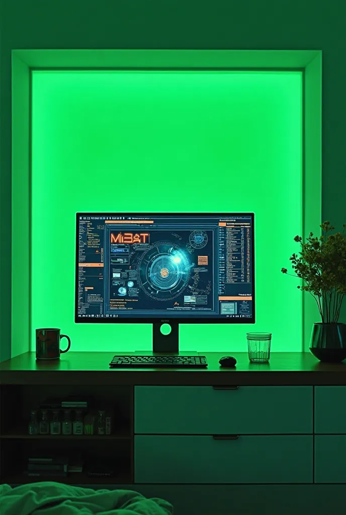 A computer screen with green background in a very futuristic home in a portrait mode