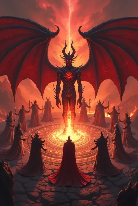  generates an image in which all the DIAPASON monsters belonging to the yu gi oh :“Crimson kings” ,  deck create a circle of fire where in the center they worship the monster archdemon red dragon. all in a background of hell and fire 