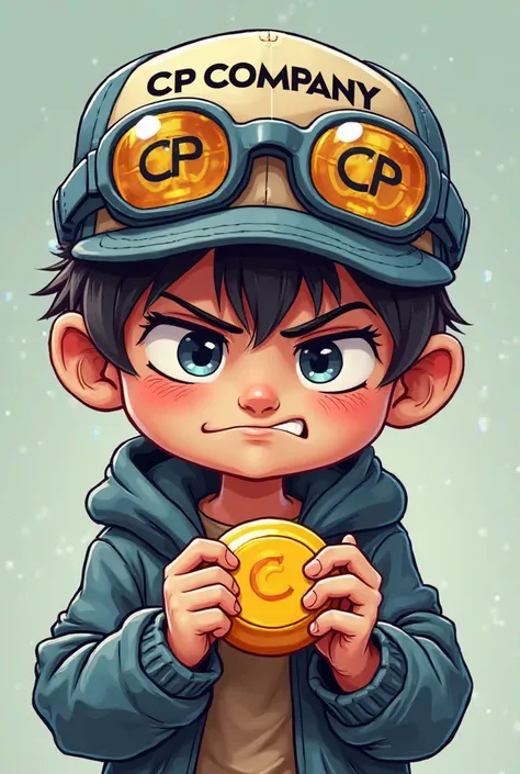 Cartoon  wearing a cp company hat with lenses and a snus puck in his hands