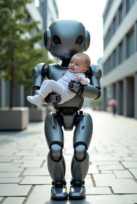 Baby ai robot carrying baby and walking at the street pathways 