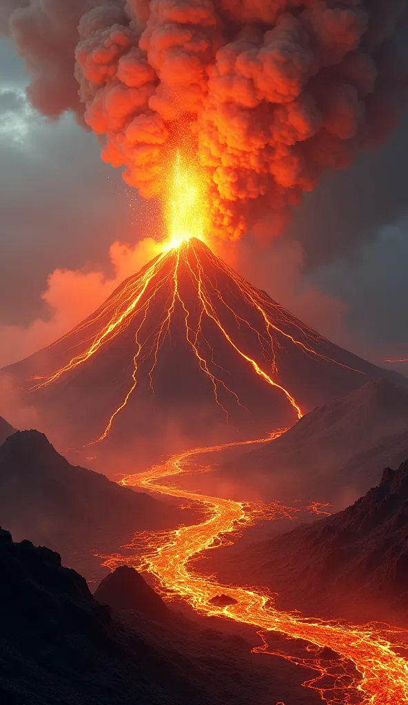 Close-up of the volcano,boiling lava,flowing lava.Flying volcanic ash and smoke background.The picture is voluminous.The quality is hypperrealistic.High particle detail.