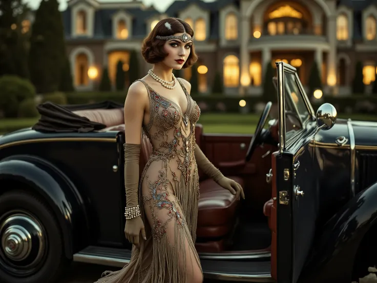 Ultra-realistic vintage photo, Car advertising, 1920s style, cinematic atmosphere. Glamorous young woman in authentic 1920s flapper dress, adorned with intricate beadwork and fringe, steps into open-top vintage luxury car, such as Rolls-Royce Phantom I or ...