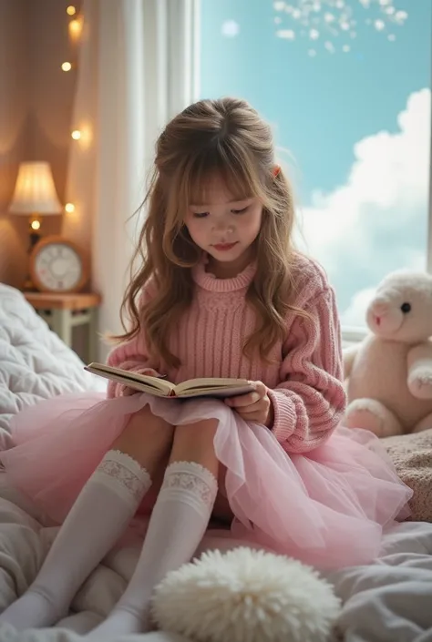 ((Girl, Whimsical beauty,)), ((wearing: Pastel Pink Sweater, Lace Knee-High Socks, Tulle Mini Skirt, Half-Up Half-Down Hairstyle), (Bedroom, whimsical clouds outside, sketchbook, fairy lights, plush bunny,)