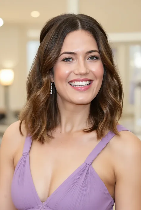 best quality, highres, 8k, masterpiece, photography, detailed midbody photorealistic portrait. Mandy Moore models a vibrant purple halter-neck bikini for Victoria’s Secret Swim Campaign, featuring asymmetrical straps and a deep V-neckline that highlights h...