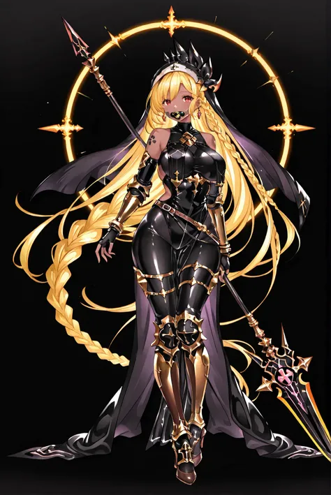 of_HARP, cosplay, chest armor, clothing cutout, belt, bracers, leg armor, brown footwear, highleg leotard, armor, bare shoulders, fingerless gloves, bracers,jewelry, earrings,weapon, spear, holding weapon,ruanyi0847,bodysuit,breast curtains,dress,nun,panty...