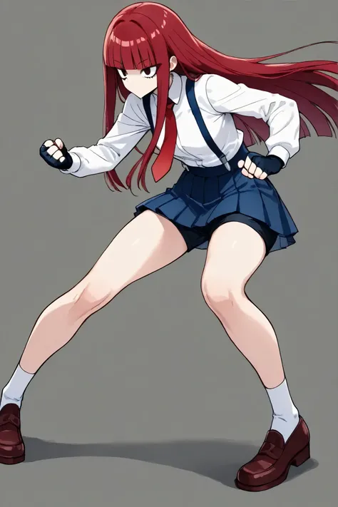  1girl  ,  action、fight、Combat Stance、pigeon-toed、heroine with red hair,blue suspenders, blue Pleated Miniskirt,white Long sleeve white blouse,black fingerless gloves,Red tie,,Straight hair,Long hair ,Red Hair, blunt bangs, black shorts in skirt、Sharp Eyes...