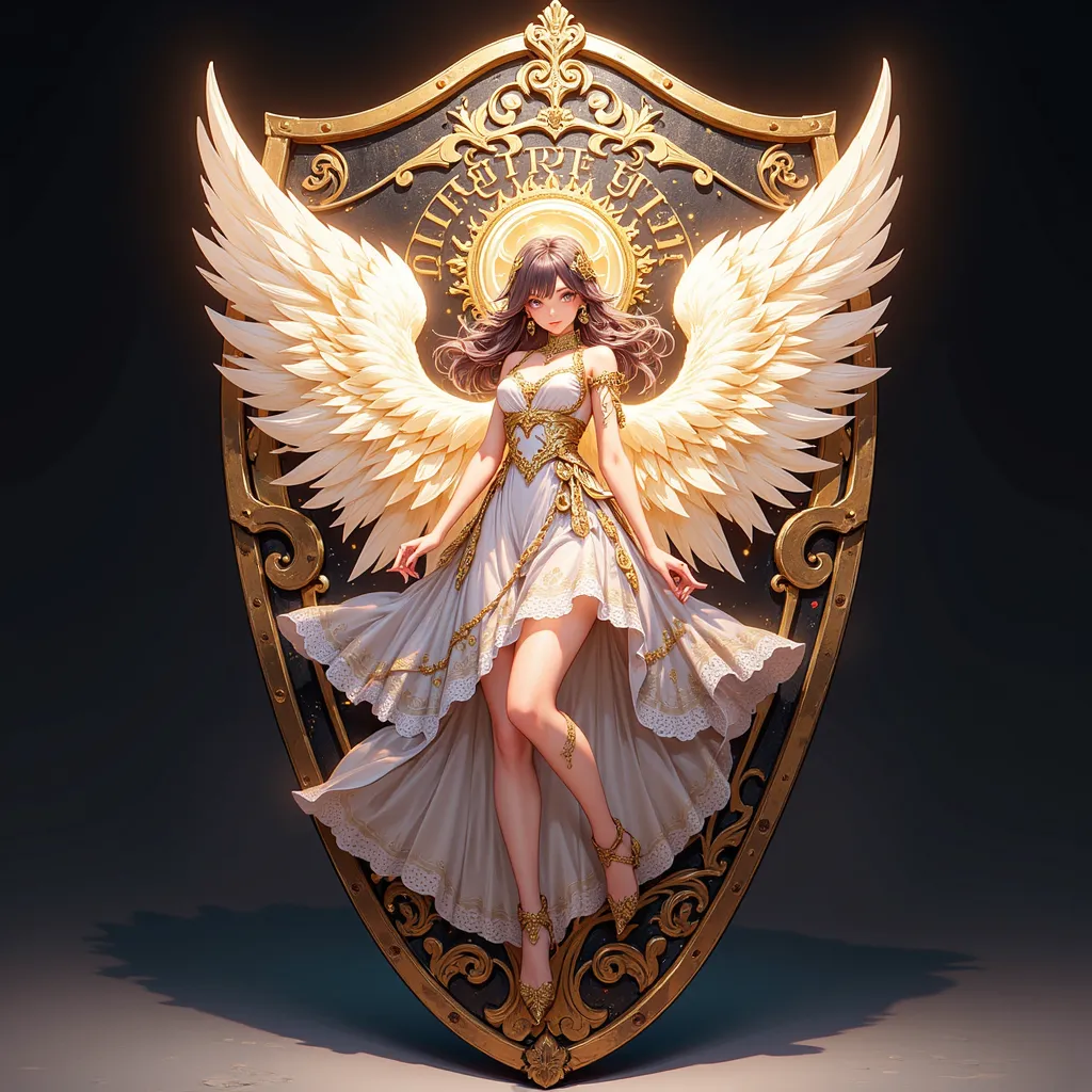 Create a stunningly beautiful shield with an anime-style angel maiden painted on it with hair, similar to unearthly silk, decorated with intricate details and flowing soft, gentle waves. Her exquisite dress, decorated with delicate lace and intricate embro...