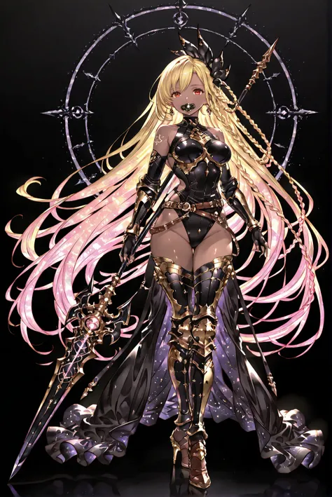 of_HARP, cosplay, chest armor, clothing cutout, belt, bracers, leg armor, brown footwear, highleg leotard, armor, bare shoulders, fingerless gloves, bracers,jewelry, earrings,weapon, spear, holding weapon,holy light armor


1girl, black rubber suit, large ...