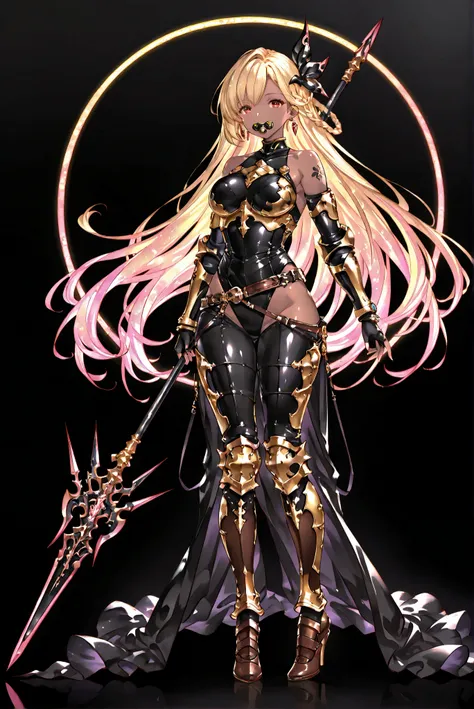 of_HARP, cosplay, chest armor, clothing cutout, belt, bracers, leg armor, brown footwear, highleg leotard, armor, bare shoulders, fingerless gloves, bracers,jewelry, earrings,weapon, spear, holding weapon,  1girl , black rubber suit, large breasts, gauntle...
