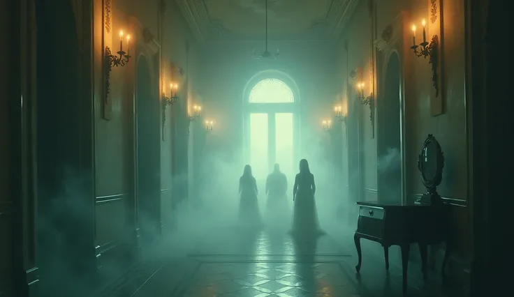 A surreal scene of a corridor filled with soft, swirling mists that visually represent the whispered voices echoing through the mansion.