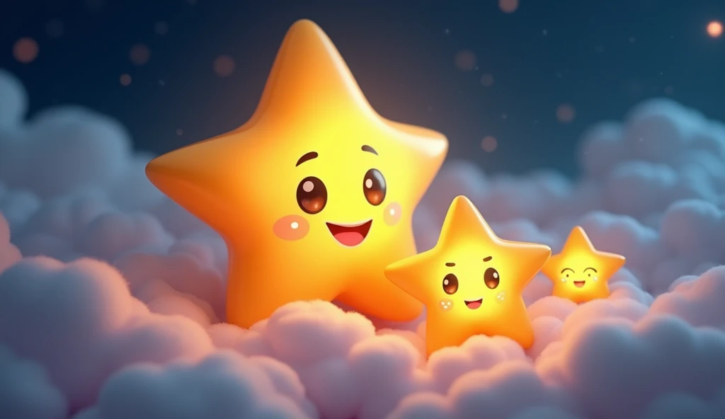 "A beautiful, very beautiful puffy star—a big star with stunning, expressive eyes—smiling and shining brightly in the night sky. Alongside it, two smaller but equally charming stars with adorable eyes and joyful expressions twinkle playfully. They glow war...