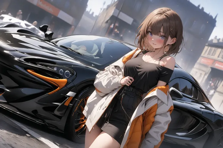 (masterpiece, detailed:1.2), One Girl, (18-years old), brown long Bob Cut, Medium Breasts, off shoulder, BREAK, Highest quality, in UK, BREAK, standing, deep Blue metallic "McLaren 750S", from avobe