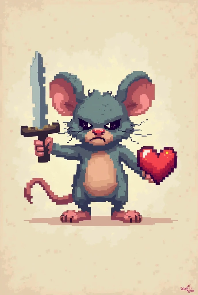 A pixelated mouse holding a pixelated heart in one hand and a pixelated sword in the other hand. The mouse is looking a bit angry