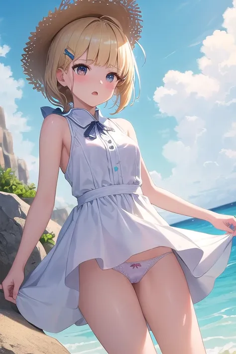 ((top quality)), ((masterpiece)), (Details),  1 girl。blunt bangs。Short Hair。braided ponytail。ahoge。Cute hair clip。 look so young。 small breasts。(moving composition)。glad。 White Breath Dress。 white straw hat 。 sandy beaches。Standing on a rock。I see a ship i...