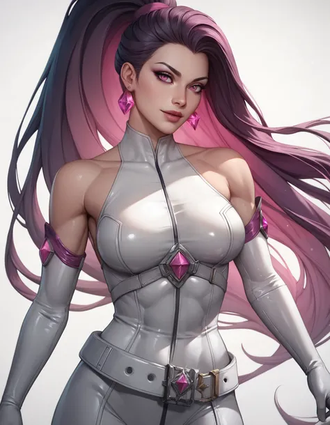 female white sleveless latex bodysuit, white belt, racerback, bare shoulders, long gloves, white gloves, toned arms, beautiful faces, black ponytail with showing forehead, long ponytail, earrings, soft smooth skin, pale skin, white background, magenta eyes...