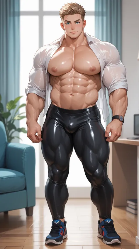 Full Body, Hot Young Chubby Muscular Boy Wearing Black Open Shirt With Big Pecs and Big Abs Fully Exposed, Handsome, Smooth Midriff Muscles, Black Tight Latex Pants Cropped on the Leg's Calves, Muscular Calves, Calves Fully Exposed, Standing Full Pose, Bul...