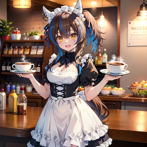 (( best quality))、(( Masterpiece))、( Details)、( super high resolution)、 Daitaku Helios \(Uma Musume\)、
 horse ears、earrings、 A horse's tail is growing from the waist、 medium breasts、、
( Victorian Maid Outfit、 headdress showing belly button )、
whole body、 s...