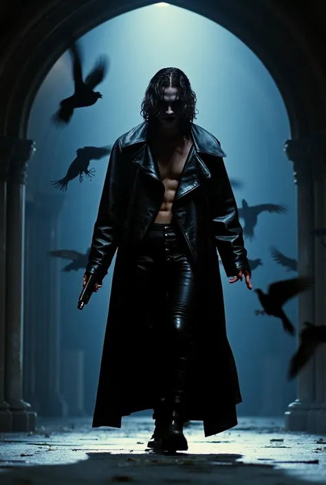  the character "The Crow".  A hyper-realistic cinematic image of The Crow ,Bill Skarsgård , Eric Draven , 
Bill Skarsgård with dark hair long to his shoulders, shirtless, wearing a long leather coat, in PE with his feet together, arms open at shoulder heig...