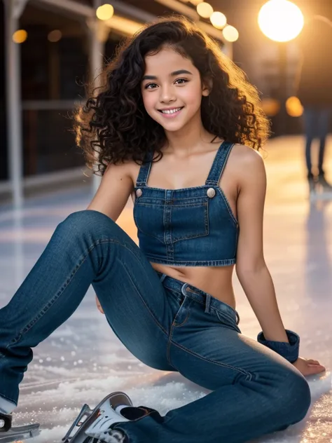  lens A young girl of about  with a radiant smile and a laughing look skates gracefully and dexterously on an ice rink illuminated by warm and soft lights on a winter sunset.  He wears distressed blue jeans at the hip , a black fabric bib,  and reveals his...