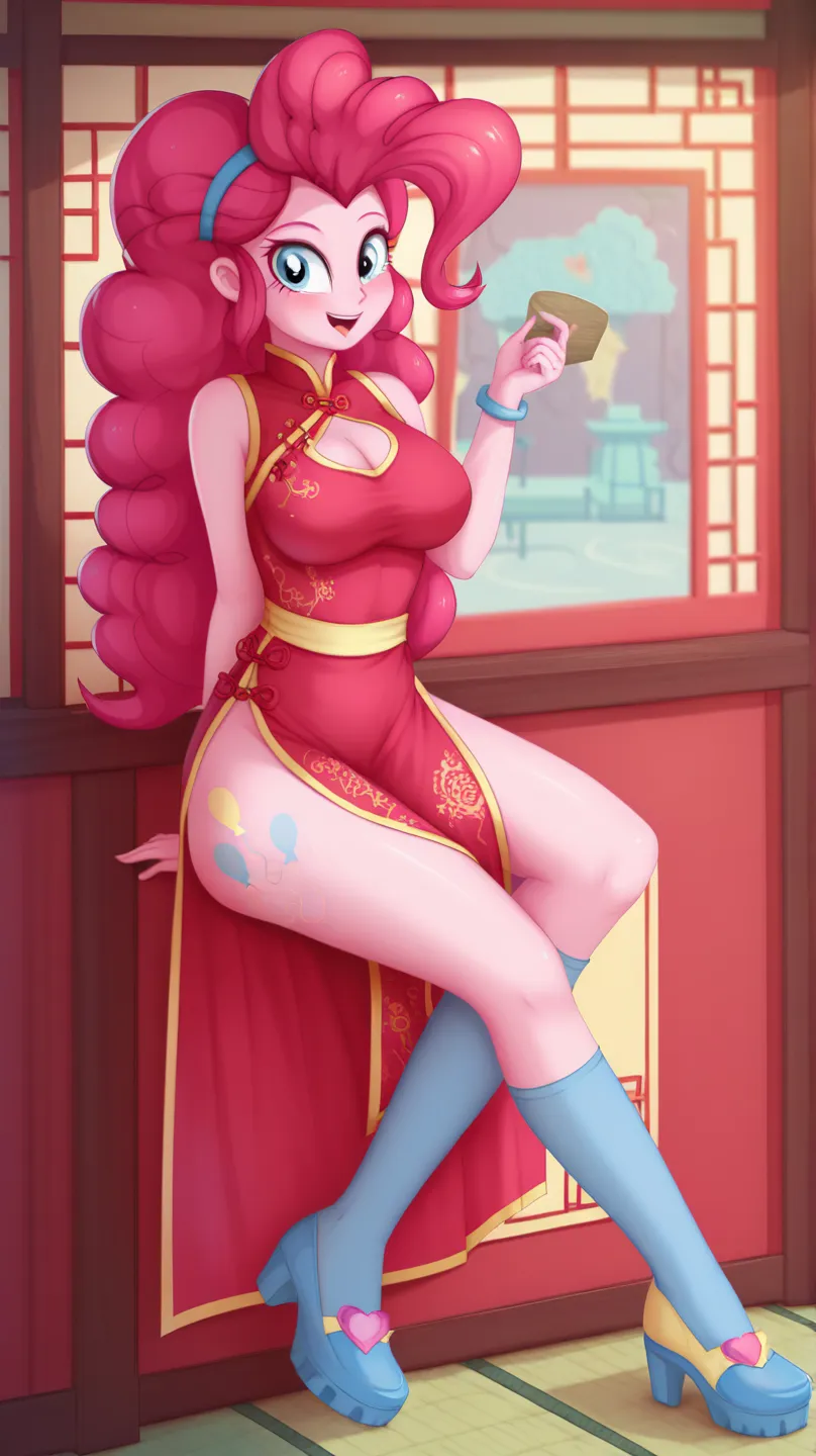 safe_pos, score_9, score_8_up, score_7_up BREAK , pinkie pie, human, equestria girls, g4, BREAK large breasts, BREAK looking at you, cheongsam, inside of a chinese temple, full body view