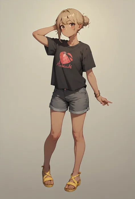 This is an average height female ager with a straight strawberry blonde low bun, dark brown eyes, and light skin that wears a dark red t-shirt, dark grey shorts, and yellow sandals