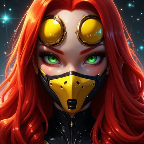 A close-up portrait of a female supervillain with long, flowing red hair and piercing green eyes, exuding intelligence and playful unpredictability. Her design incorporates a wasp-inspired theme, with a two yellow ovals augmented reality visor. She wears a...