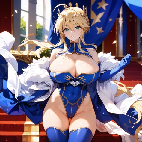 artoLance, swept bangs, ahoge, blonde hair, green eyes, french braid, short hair, huge breasts, crown, blue leotard, sleeveless, cleavage cutout, elbow gloves, blue gloves, blue thighhighs, thigh gap, glossy skin, glistening skin, looking at viewer, Tempti...