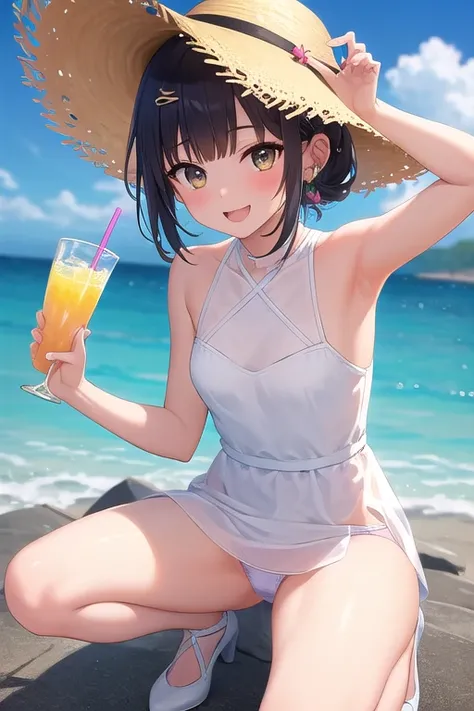 ((top quality)), ((masterpiece)), (Details),  1 girl。blunt bangs。Short Hair。braided ponytail。ahoge。Cute hair clip。 look so young。 small breasts。(moving composition)。 smiles。 White Breath Dress。 white straw hat 。 sandy beaches。Sit with one knee on a rock。 p...