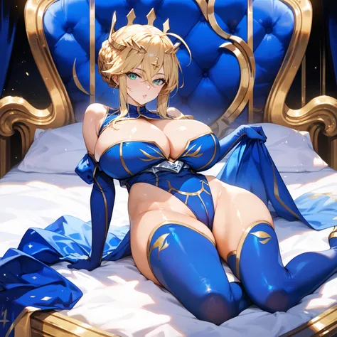 artoLance, swept bangs, ahoge, blonde hair, green eyes, french braid, short hair, huge breasts, crown, blue leotard, sleeveless, cleavage cutout, elbow gloves, blue gloves, blue thighhighs, glossy skin, glistening skin, looking at viewer, Tempting body, fu...