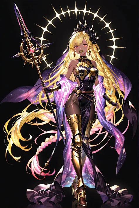 of_HARP, cosplay, chest armor, clothing cutout, belt, bracers, leg armor, brown footwear, highleg leotard, armor, bare shoulders, fingerless gloves, bracers,jewelry, earrings,weapon, spear, holding weapon,ruanyi0847,bodysuit,breast curtains,dress,nun,panty...