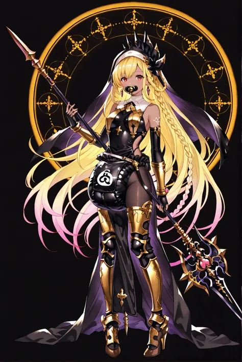 of_HARP, cosplay, chest armor, clothing cutout, belt, bracers, leg armor, brown footwear, highleg leotard, armor, bare shoulders, fingerless gloves, bracers,jewelry, earrings,weapon, spear, holding weapon,ruanyi0847,bodysuit,breast curtains,dress,nun,panty...