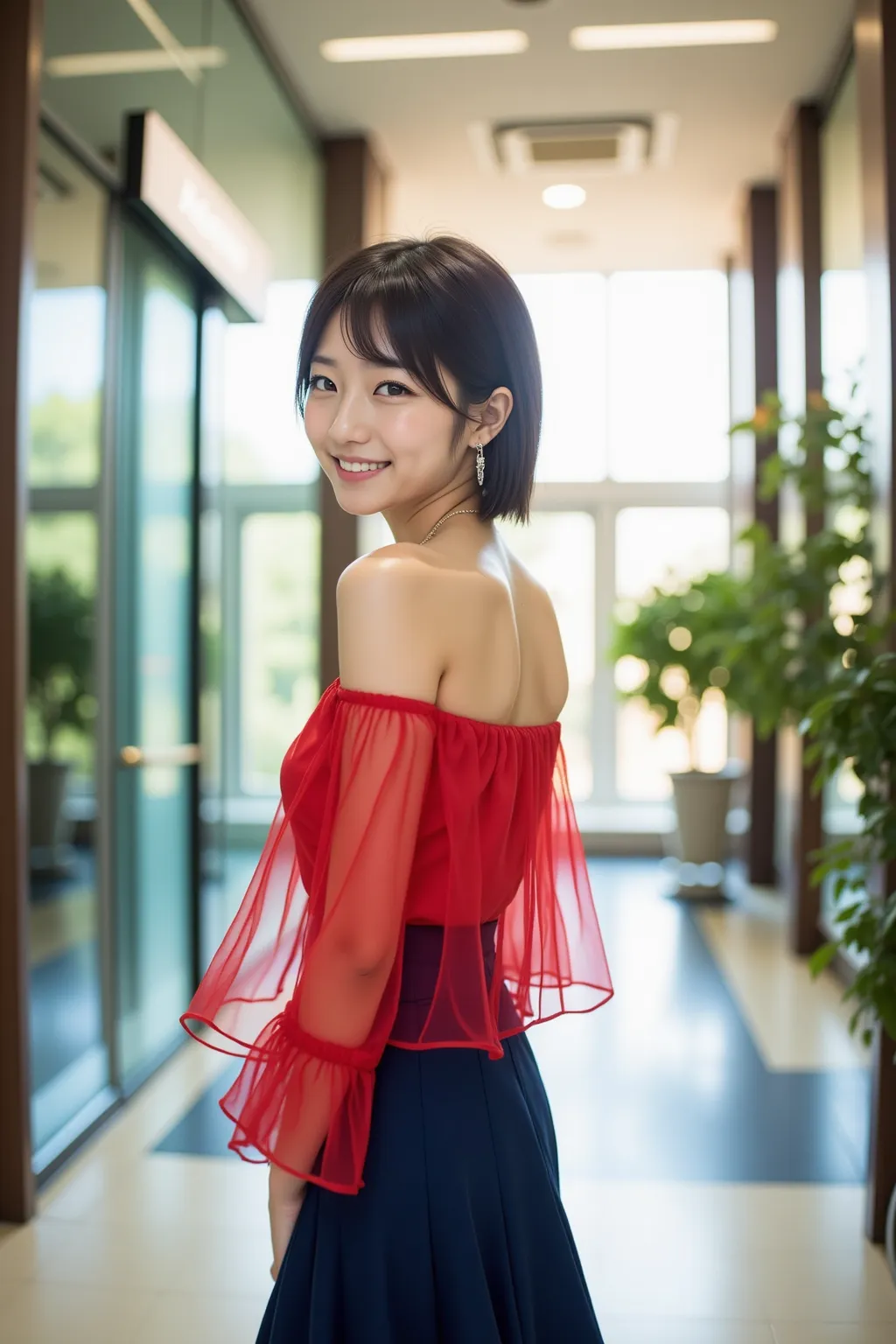  Aerial view of a Japanese woman in her 20s ,  black hair, short, shaggy,  bright red off-the-shoulder blouse,Sheer Material,
 dark blue flared skirt ,

She is walking through the company's high-ceilinged entrance、
She looks back and smiles.
 the moment I ...