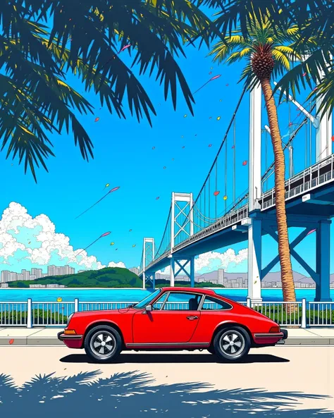 80's city pop art, (wind lines), palm tree, particles, red porsche 356, blue sky, cityscape, Seascape, dappled sunlight, suspension bridge, tropical, skyscraper, summer scenery,   . (masterpiece, best quality:1.2) 