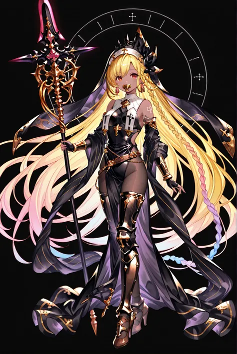 of_HARP, cosplay, chest armor, clothing cutout, belt, bracers, leg armor, brown footwear, highleg leotard, armor, bare shoulders, fingerless gloves, bracers,jewelry, earrings,weapon, spear, holding weapon,ruanyi0847,bodysuit,breast curtains,dress,nun,panty...