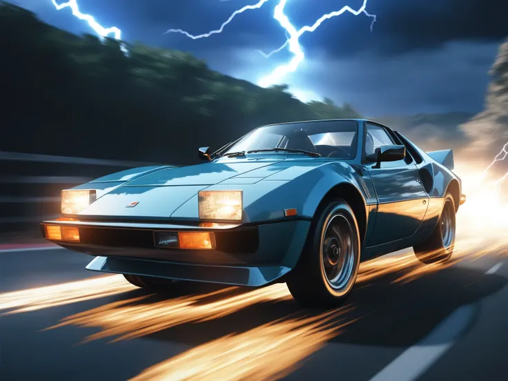 (incredible high resolution, masterpiece, best quality, highly detailed, CG, official art), vintage sports car, 1980s sports car, ((driving, motion blur: 2.0, lightning effect: 1.5, background blur)),