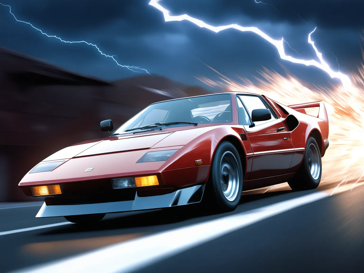 (incredible high resolution, masterpiece, best quality, highly detailed, CG, official art), vintage sports car, 1980s sports car, ((driving, motion blur: 2.0, lightning effect: 1.5, background blur)),