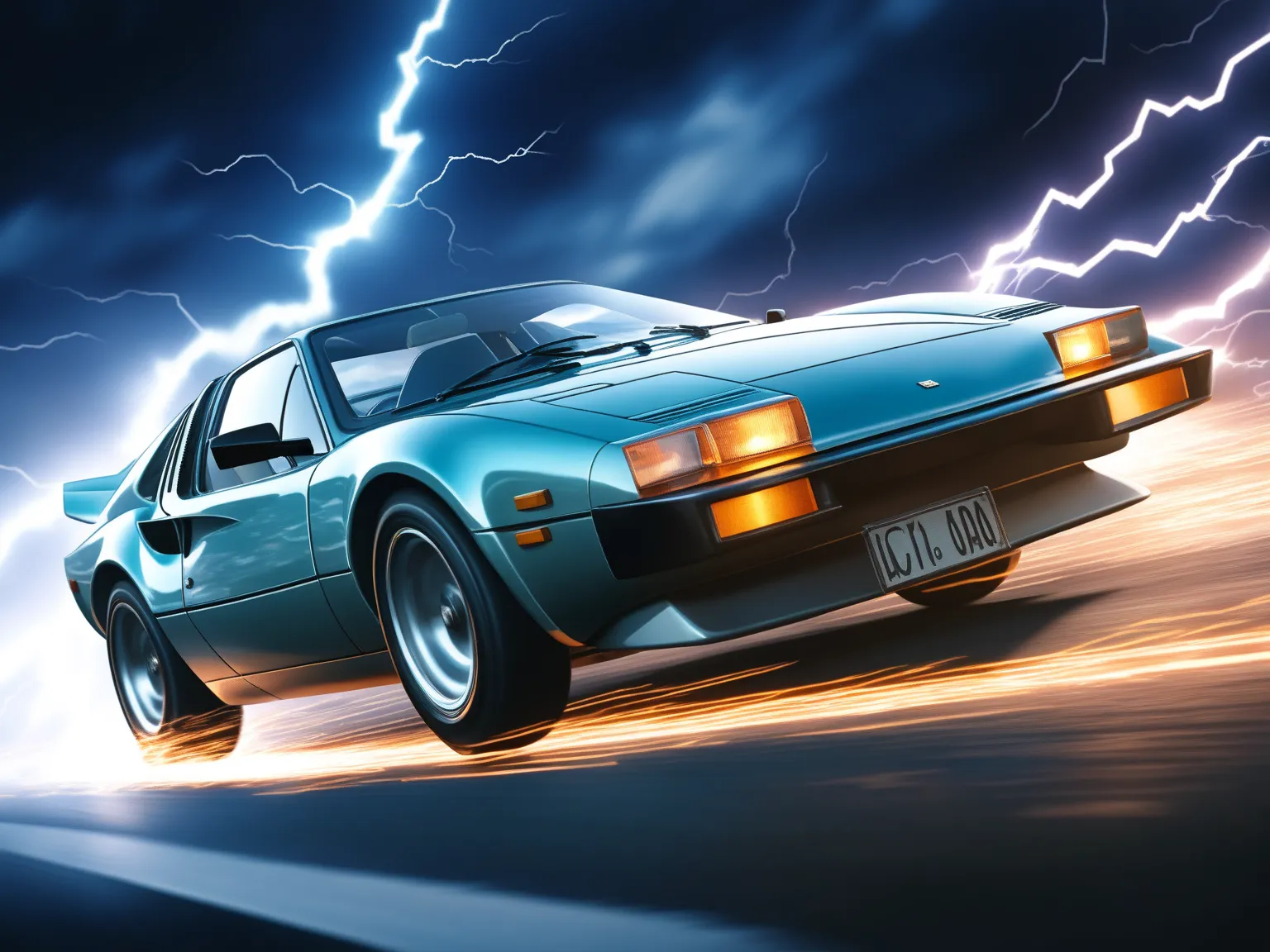 (incredible high resolution, masterpiece, best quality, highly detailed, CG, official art), vintage sports car, 1980s sports car, ((driving, motion blur: 2.0, lightning effect: 1.5, background blur)),