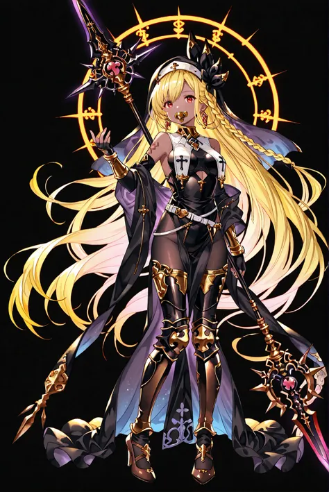 of_HARP, cosplay, chest armor, clothing cutout, belt, bracers, leg armor, brown footwear, highleg leotard, armor, bare shoulders, fingerless gloves, bracers,jewelry, earrings,weapon, spear, holding weapon,ruanyi0847,bodysuit,breast curtains,dress,nun,panty...