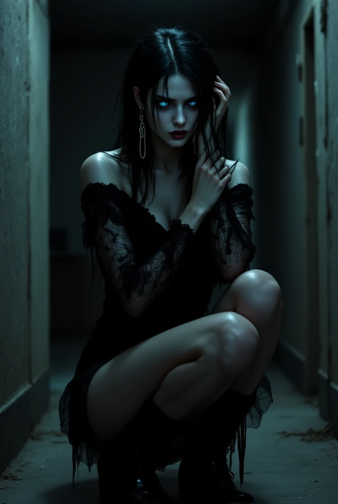 A blue-eyed (realistic, highly detailed) thin American woman with crazy thin black hair, pale skin, holding her head in her hands, pulling her hair, curled up, she seems to be in pain, hearing voices, wearing a black romper with lace sleeves and long chain...