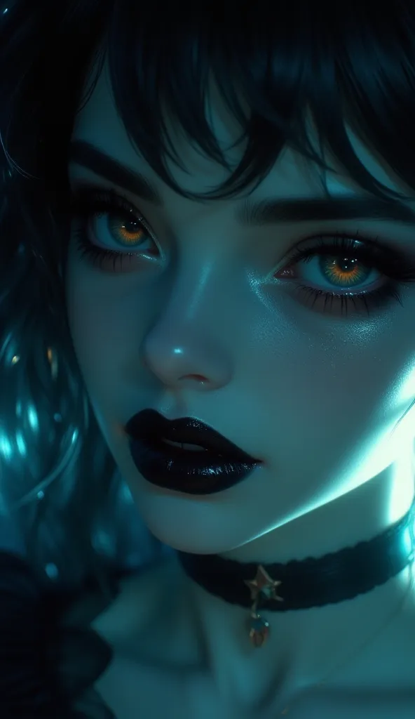 1girl, solo, anka, goth girl,  seductive, black lipstick, choker, earrings, (((black eyes, black sclera))), large eyes,
looking at viewer, dynamic light, eyeliner, cinematic light, close up, face focus, cinematic colors