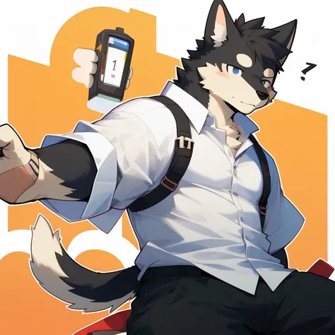 score_9,score_8_up,score_7_up,score_6_up,score_5_up,score_4_up,source_furry,highres,cover page,absurdres,perfect anatomy(handsome 1boy, kemono, furry,age,shibainu,black fur, white fur,anthro,white shirt, )bandaid,exhausted,simple background,sexy pose.