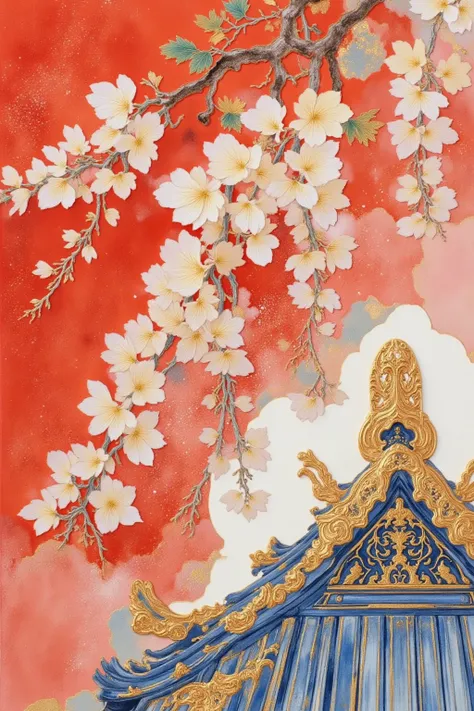 A close-up of the roof of an ancient Chinese building is drawn on the bottom right corner of the shabby paper，blue roof，Wind Chimes。Withered wisteria，White Flowers，Gold painted ，large red background.(((Negative Space:1.5)))。